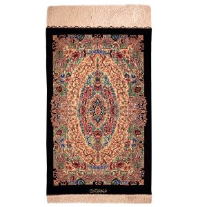 Hand-Knotted Persian Qom Lachak Silk Rug (Fine Art Floral Medallion) – Black