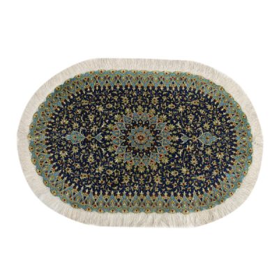 Hand-Knotted Persian Qom Abi Silk Rug (Fine Art Floral Medallion) - Blue
