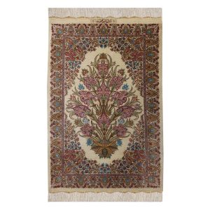 Hand-Knotted Persian Qom Silk Rug (Flower Vase Design Style) – Cream