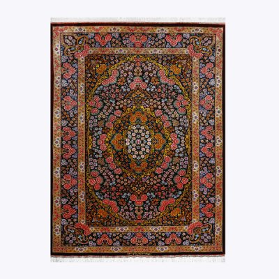 Hand-Knotted Persian Qom Kahouri Silk Rug (Fine Art Floral Medallion) - Brown