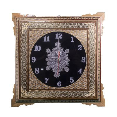 Traditional Persian Khatamkari Wood Wall Clock with Geometric Marquetry – Model Black for Modern Persian Interiors
