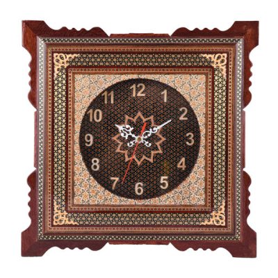 Traditional Persian Khatamkari Wood Wall Clock with Geometric Marquetry – Model Hivana for Living Rooms and Offices