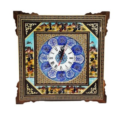 Traditional Persian Khatamkari Wood Wall Clock with Floral Marquetry – Model Mahsan for Living Rooms and Bedrooms