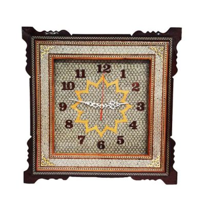 Traditional Persian Khatamkari Wood Wall Clock with Geometric Marquetry – Model Rana for Living Rooms and Offices