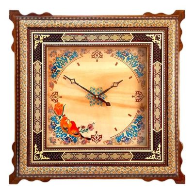 Traditional Persian Khatamkari Wood Wall Clock with Floral Marquetry – Model Araz for Living Rooms and Bedrooms