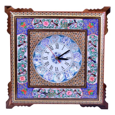 Traditional Persian Khatamkari Wood Wall Clock with Floral Marquetry – Model Asa for Living Rooms and Entryways