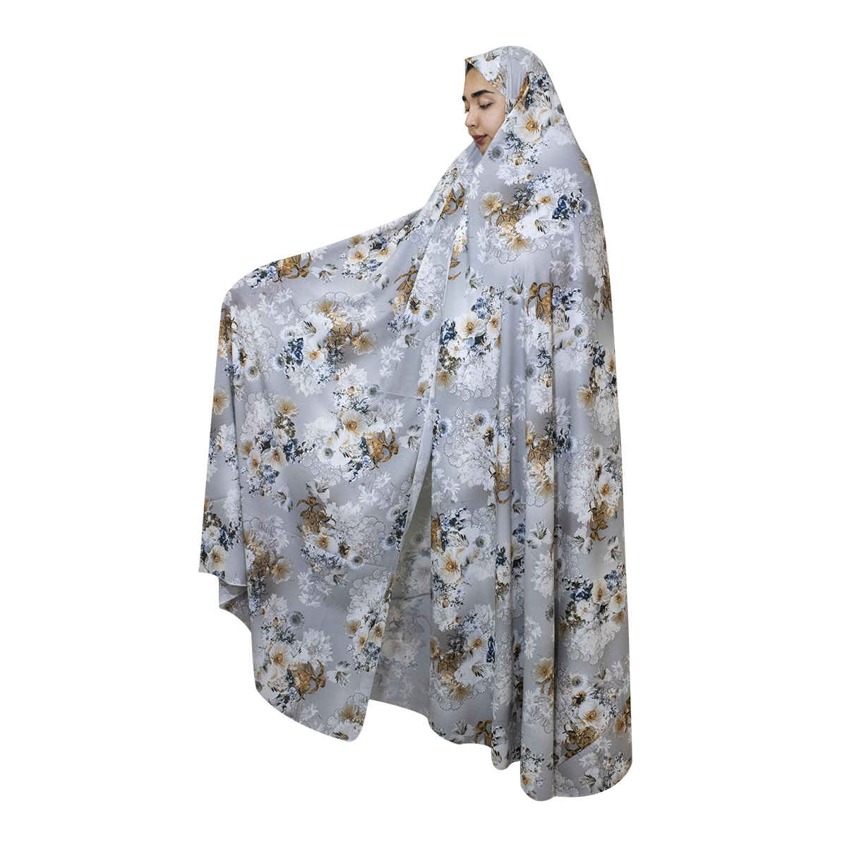 White Flowers Patterned Islamic Dress – Full Length Prayer Hijab