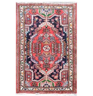 Hand-Knotted Persian Hamadan Rug (Traditional Garden Floral Medallion) - Navy Blue Wool