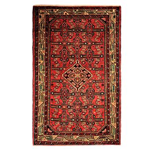 Hand-Knotted Persian Hamadan Stylish Rug (Traditional Floral Medallion) – Red Wool