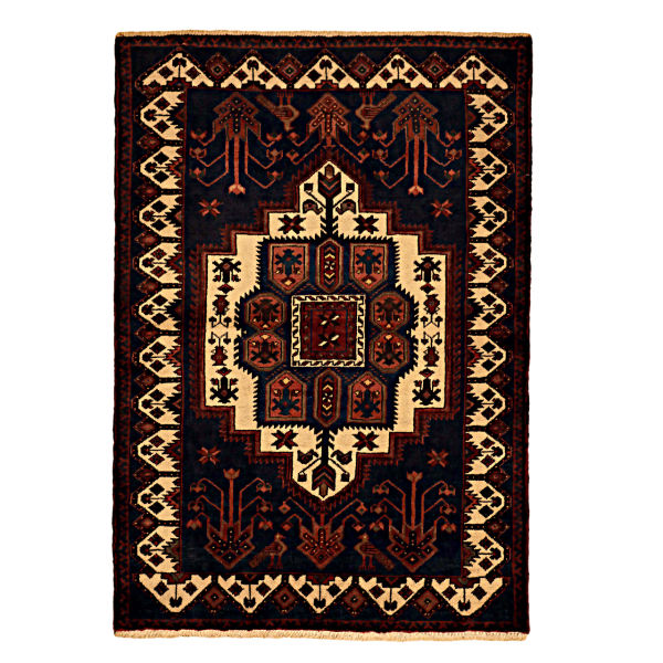 Hand-Knotted Persian Hamadan Rug (Tribal Geometric Medallion) – Black Wool
