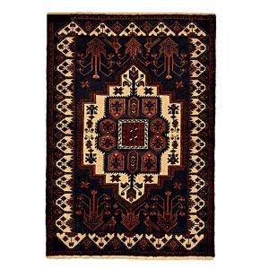 Hand-Knotted Persian Hamadan Rug (Tribal Geometric Medallion) – Black Wool
