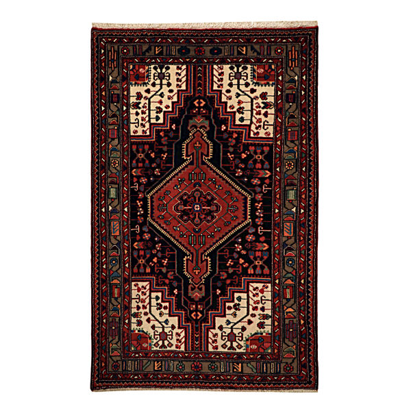 Hand-Knotted Persian Hamadan Arami Rug (Tribal Geometric Medallion) – Brown & Red Wool