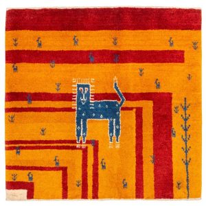 Hand-Knotted Persian Pictorial Gabbeh Rug – Cat Motif in Orange Wool