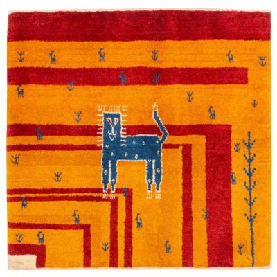 Hand-Knotted Persian Pictorial Gabbeh Rug - Cat Motif in Orange Wool
