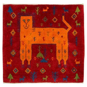 Hand-Knotted Persian Pictorial Gabbeh Rug – Leopard Motif in Red Wool
