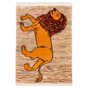 Hand-Knotted Persian Golden Lion Motif Gabbeh Rug – Cream Wool