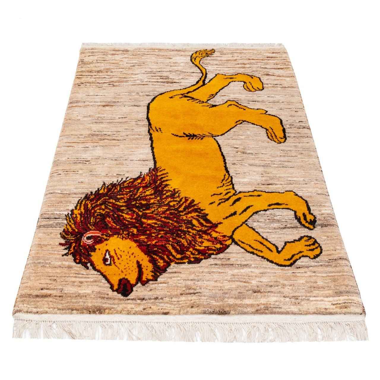 Hand-Knotted Persian Golden Lion Motif Gabbeh Rug – Cream Wool