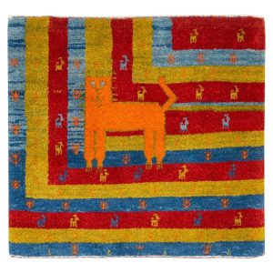 Hand-Knotted Persian Pictorial Gabbeh Rug – Cat Motif in Blue & Red Wool