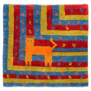 Hand-Knotted Persian Pictorial Gabbeh Rug – Cat Motif in Blue & Red Wool