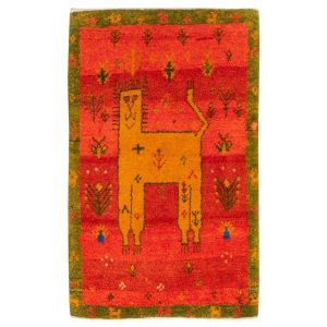 Hand-Knotted Persian Lion Motif Gabbeh Rug – Orange Wool