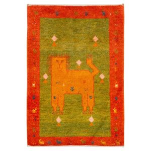 Hand-Knotted Persian Lion Motif Gabbeh Rug – Green Wool