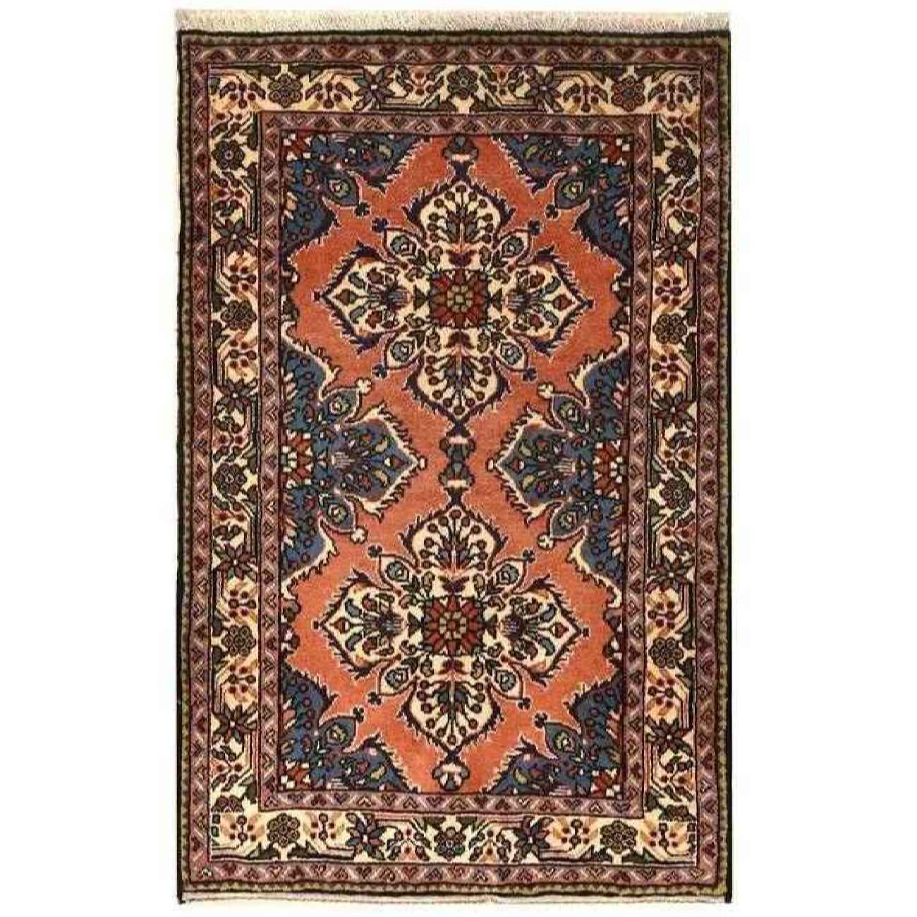 Hand-Knotted Persian Hamadan Kimiya Rug (Tribal Floral Medallion Design) – Cream Wool