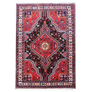 Hand-Knotted Persian Hamadan Sima Rug (Tribal Geometric Medallion) – Red Wool