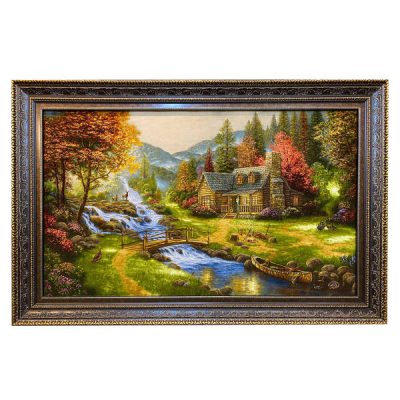 Hand-Knotted Persian Silk Pictorial Wall Hanging Rug – Rural Landscape, Tabriz