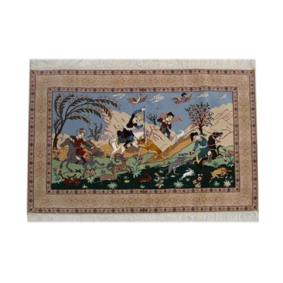 Hand-Knotted Persian Silk and Wool Pictorial Wall Hanging Rug – Lion Hunting Scene, Isfahan