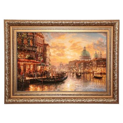 Hand-Knotted Persian Silk and Wool Pictorial Wall Hanging Rug – Venice Scene, Tabriz