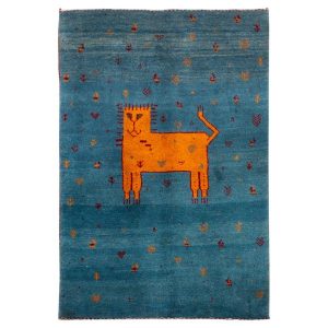 Hand-Knotted Persian Pictorial Gabbeh Rug – Cat Motif in Blue Wool