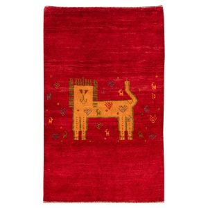 Hand-Knotted Persian Pictorial Gabbeh Rug – Cat Motif in Red Wool