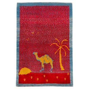 Hand-Knotted Persian Pictorial Gabbeh Rug – Camel Motif in Red Wool