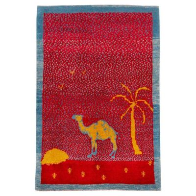 Hand-Knotted Persian Pictorial Gabbeh Rug - Camel Motif in Red Wool