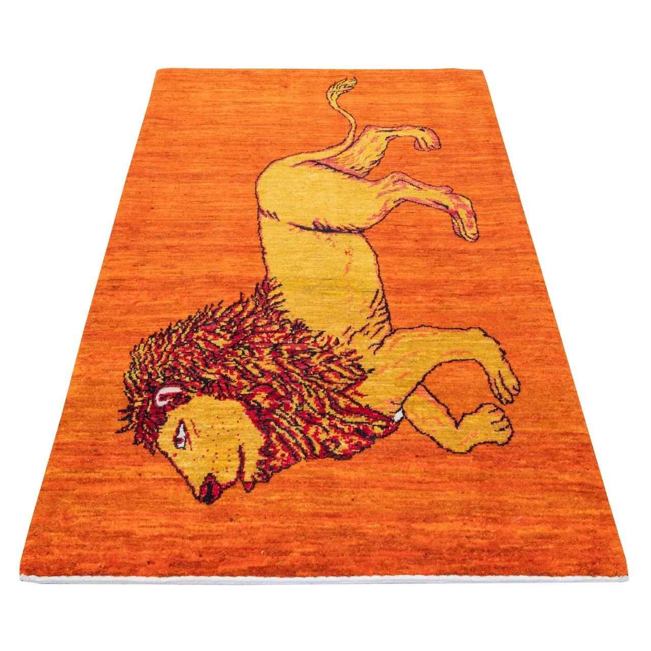 Hand-Knotted Persian Lion Motif Gabbeh Rug – Orange Wool