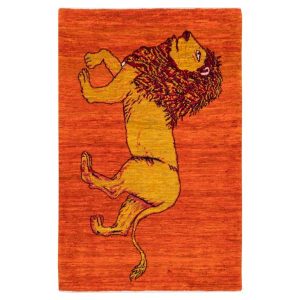 Hand-Knotted Persian Lion Motif Gabbeh Rug – Orange Wool