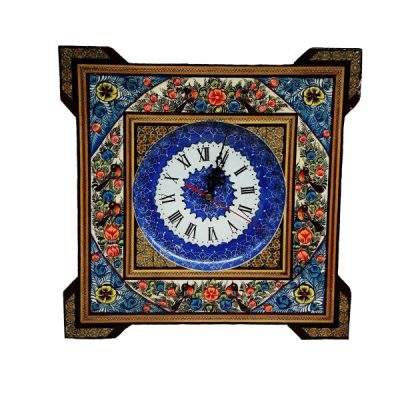 Traditional Persian Khatamkari Wood Wall Clock with Floral Marquetry – Model Rima for Living Rooms and Entryways