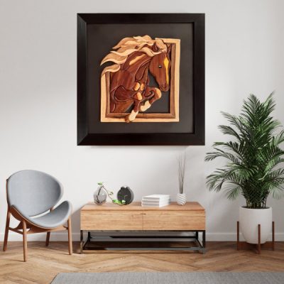 Marquetry Wood Horse Wall Art – Artistic Persian Inlay Artwork for Home Decor
