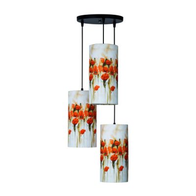 Fabric Cluster Pendant Light with Velvet Cylinder Lampshade Red Flowers