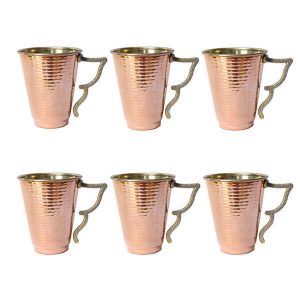 Persian Copper Cup – Set of 6 Handcrafted with Handle for Cold Drinks – Hammered Bahari