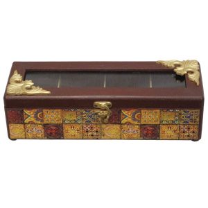 Golden Tone Wooden Tea Organizer Chest with Internal Dividers