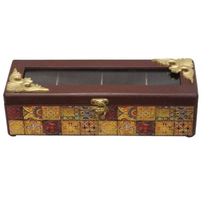 Golden Tone Wooden Tea Box Organizer & Storage with Internal Dividers for Snacks & Chocolate