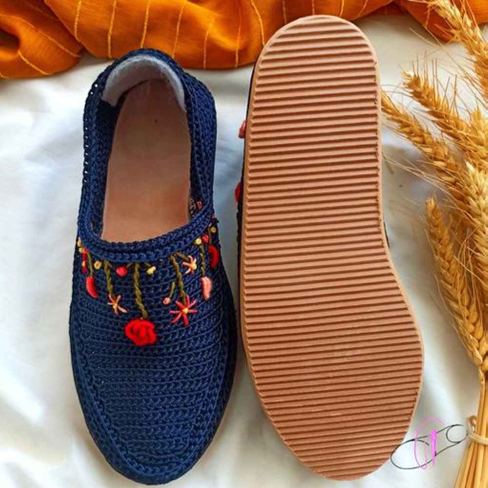 Handcrafted Persian Giveh Shoes – Monir Navy Blue Floral Model