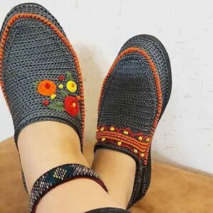 Handcrafted Persian Giveh Shoes – Gray Floral Art Model