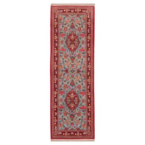 Hand-Knotted Persian Qom Sahar Runner Rug (Classical Floral Medallion) – Red Kork Wool