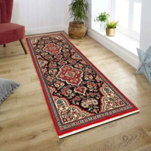 Hand-Knotted Persian Isfahan Shahreza Runner Rug (Classical Floral Medallion) – Black Wool