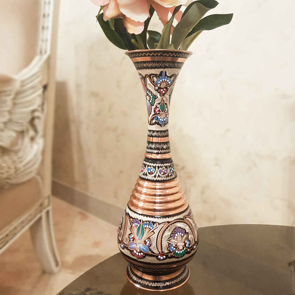 Decorative Copper Vase Hand-Painted with Persian Minakari Enamel, Featuring the Sama Model with a Beautiful Floral Pattern