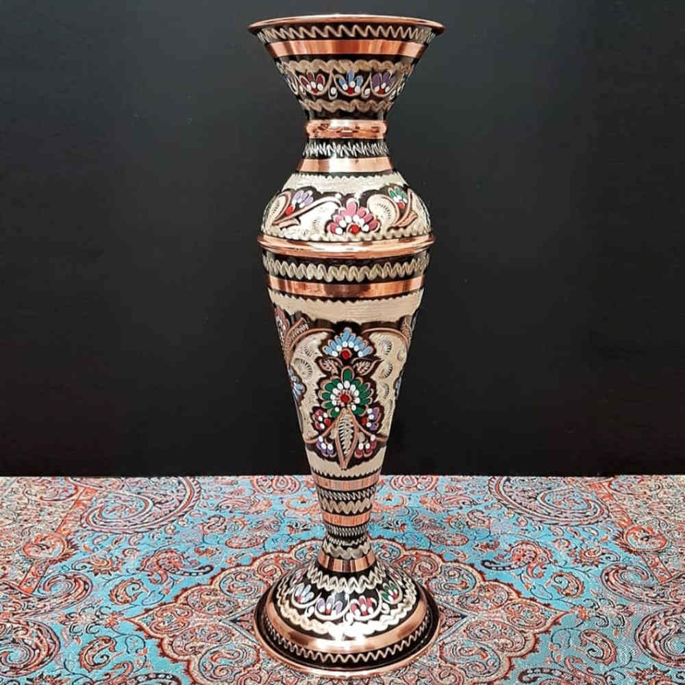 Decorative Copper Vase Hand-Painted with Persian Minakari Enamel, Featuring the Sarvin Model with a Classic Floral Motif