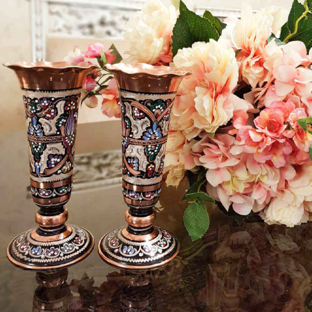 Decorative Copper Vase Hand-Painted with Persian Minakari Enamel, Featuring the Sheypoori Model in a Trumpet Silhouette with Floral Art