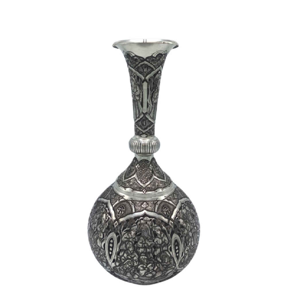 Set of Two Handcrafted Persian Engraved Copper Vases, Featuring the Kian Design with a Stunning Floral Pattern for Single Stems